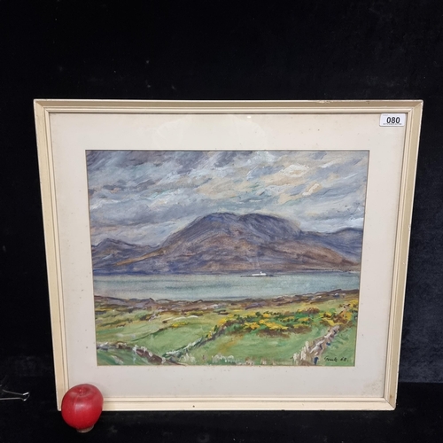 80 - An original vintage mixed media artwork showing a lakeside scene with purple grey mountain in the di... 