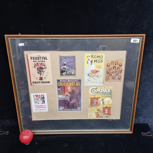 81 - A framed display holding cut out prints of vintage advertisements including examples such as 