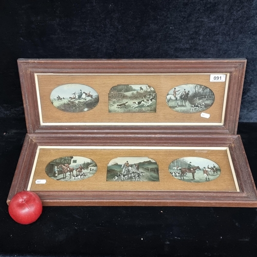 91 - A pair of antique frames holding chromolithograph postcards of a hunting nature. One titled 
