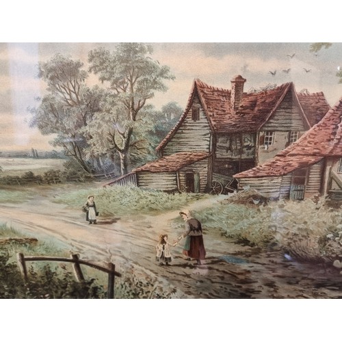 95 - A large oleograph of an artwork originally by the artist J. Harnack. Depicts a rural village scene o... 
