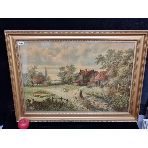 95 - A large oleograph of an artwork originally by the artist J. Harnack. Depicts a rural village scene o... 