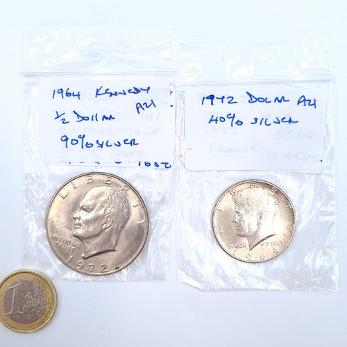 43 - Two American coins, consisting of a 1964 Kennedy half dollar of 90% silver. Together with a 1972 Eis... 