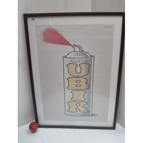 345 - A large framed poster featuring the book cover for Ubik by Philip K. Dick.