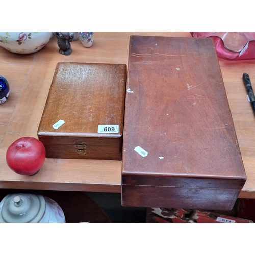 609 - Two vintage wooden boxes including a photography development box with concave magnifying mirror. Als... 