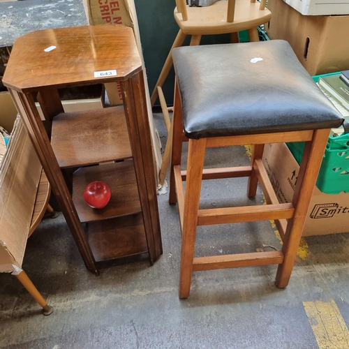 Two handsome furniture items. Including a neatly proportioned three tier shelving unit and a traditional bar stool with padded leather top.