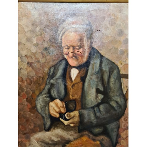 77 - A large and wonderfully rendered original oil on canvas painting showing a kindly old gentleman in p... 