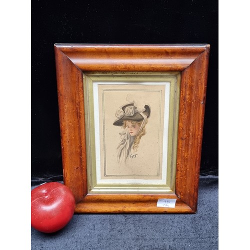 996 - A charming original watercolour on paper painting of a woman with an elaborate hat. Signed E.C.T and... 