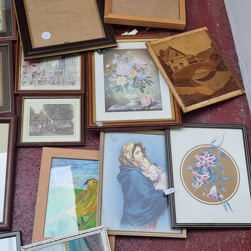 339 - A box filled with a mixed collection of vintage prints and original artworks, including some nice fr... 