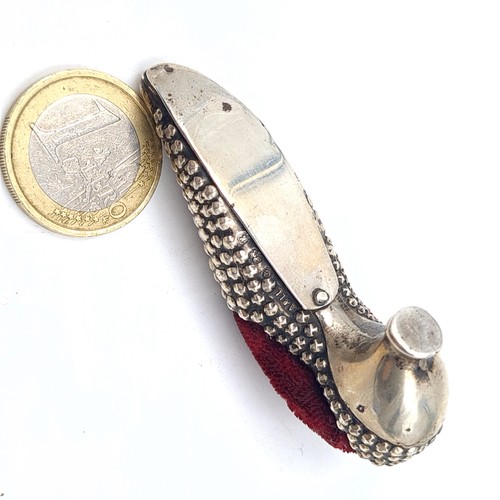 6 - A fine example of a Victorian shoe pin cushion. This pin cushion features its original maroon velvet... 