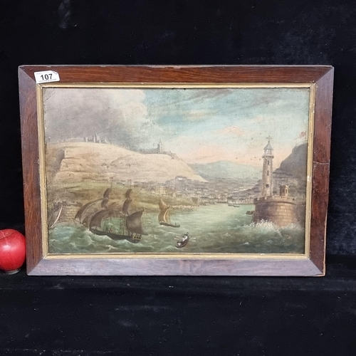 107 - Star Lot : A stunning antique original oil on board painting featuring a 19th century European harbo... 