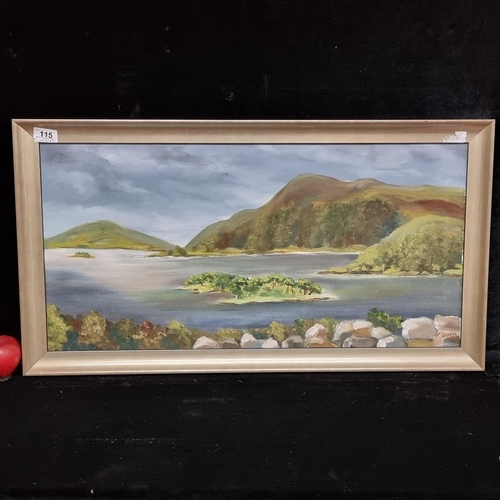 115 - An original acrylic on canvas painting showing a view over a lake in a west of Ireland setting rende... 