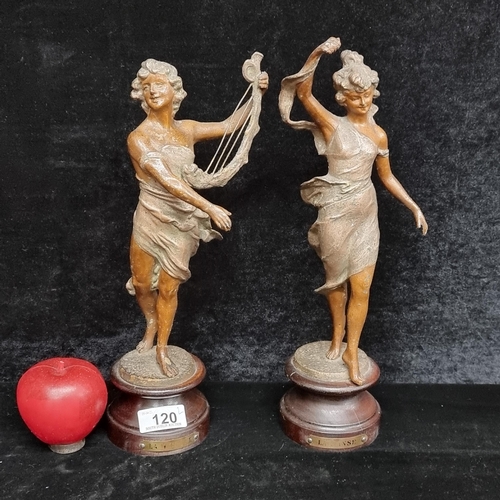120 - A fabulous pair of tall Spelter figurative bronze toned mantel sculptures of the allegories of Music... 
