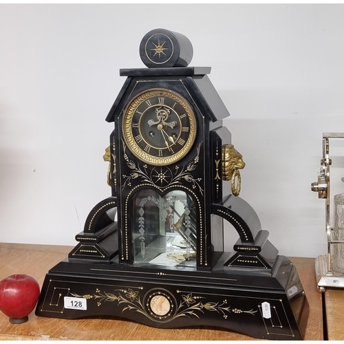 128 - Star Lot : An incredible large rare antique black polished slate Empire style mantel clock with beau... 