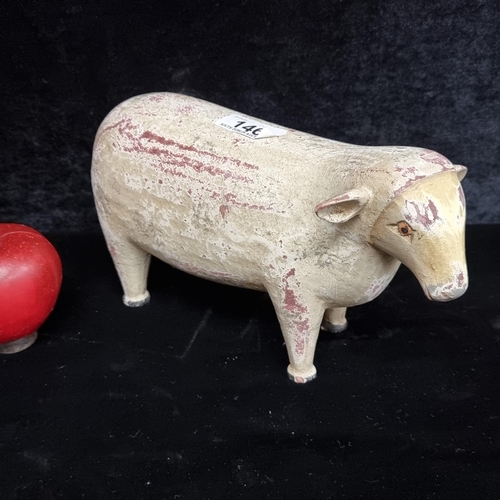 146 - A charming vintage folk art sculpture in the form of a sheep with nice detail and in a distressed fi... 