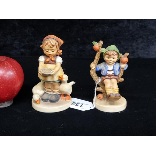 158 - Two adorable vintage West German Goebel for Hummel figures including a boy in a tree and a girl feed... 
