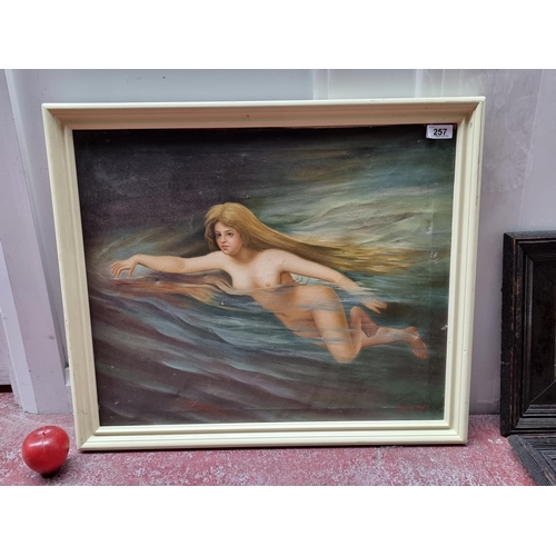 257 - An alluring original vintage oil on canvas painting of a woman swimming in dark waters. Housed in a ... 