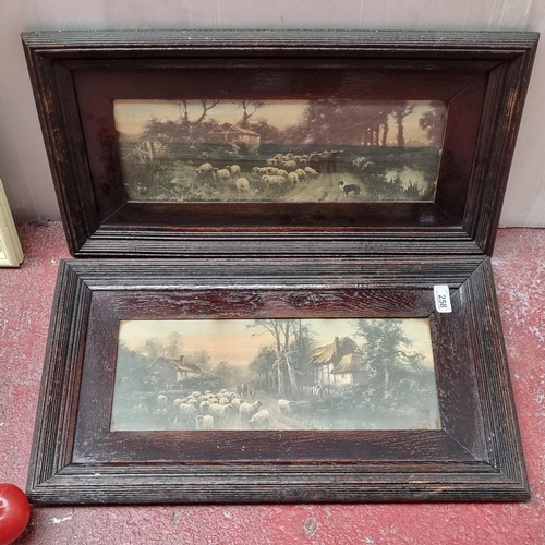 258 - Two beautiful antique solid wood carved frames, each featuring a print of a shepherd herding sheep.