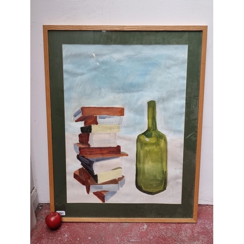 261 - A large original acrylic on paper still life painting featuring a green bottle and a stack of books.