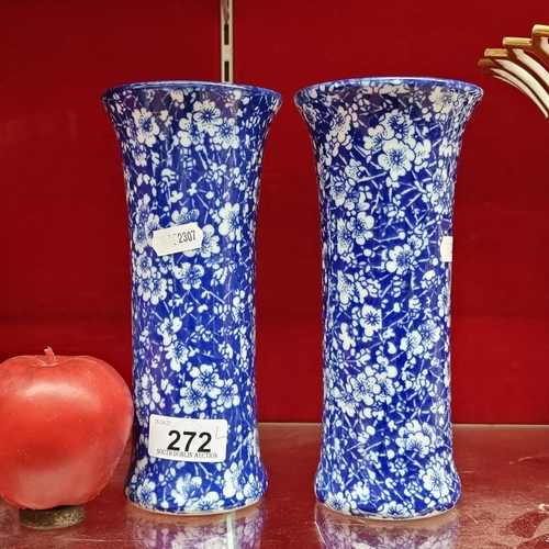 272 - A pretty pair of  Victoria Ware ironstone vases featuring a white and blue cherry blossom design. Wi... 