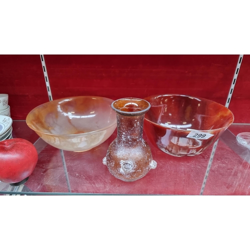 299 - Three wonderful vintage art glass items including an unusual bud vase with high relief and two servi... 