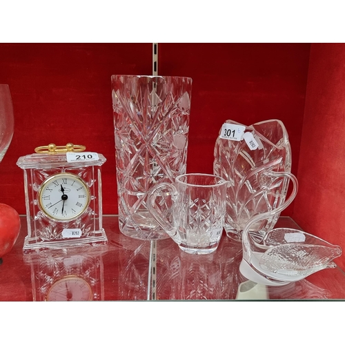 301 - Six elegant crystal and glassware items including a Marquis Waterford Crystal vase, a Killarney Crys... 