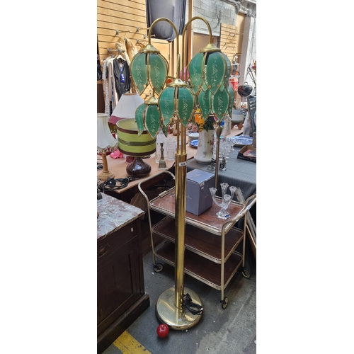 414 - An elegant very heavy vintage floor standing lamp with five branches set with original paneled lamp ... 