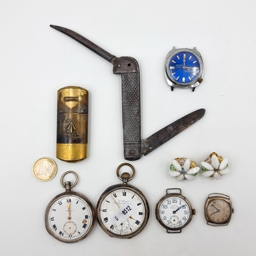 43 - A collection of items, consisting of five watches, which includes one pocket watch set with Omega di... 