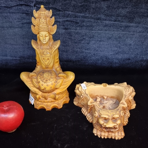 617 - Two heavy Chinese items including a statue of the Buddhist deity Guanyin and a triangular ashtray ma... 