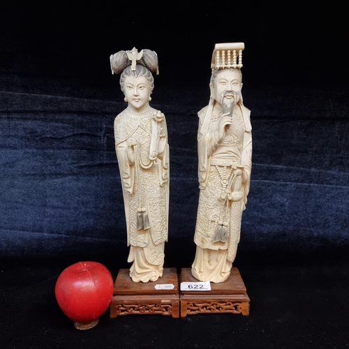 622 - Star Lot : Two tall hand carved figures of Chinese nobleman, the man with sword in hand and the woma... 