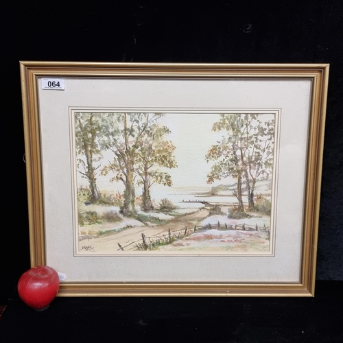64 - A delightful original watercolour on paper painting showing a rural landscape scene of a winding dir... 
