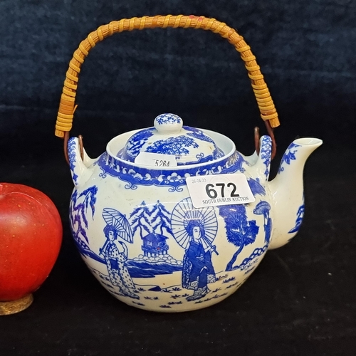 672 - A porcelain bachelor's teapot with a lovely blue glaze pattern of Japanese Geishas with parasols hel... 