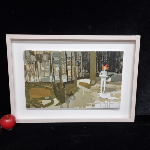74 - An intriguing original acrylic on canvas painting showing a lone figure with striking red hair, silh... 