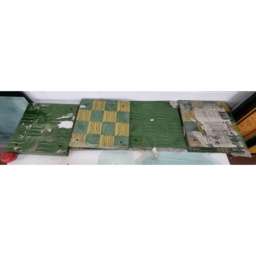 722 - 20 glass tiles with charming green leaf ornament to checkered top. Some have paper attached that wou... 