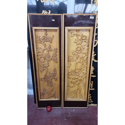 729 - Star lot : Two large wooden wall panels featuring traditional Chinese landscape scenes with blossom ... 