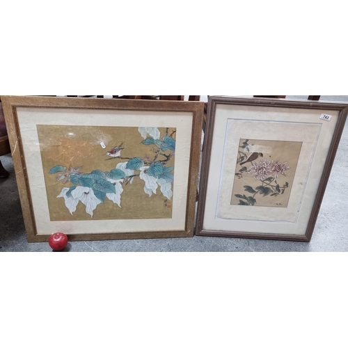 743 - A pair of stunning ink on silk paintings in the Chinese style, featuring local birds perched on blos... 