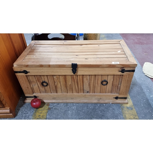 852 - A solid pine end of bed chest with cast metal reinforcements. Hinged lid is held open by chain faste... 