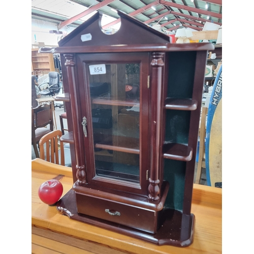 854 - A gorgeous table top collectors cabinet  featuring a glass fronted display cabinet to centre with de... 