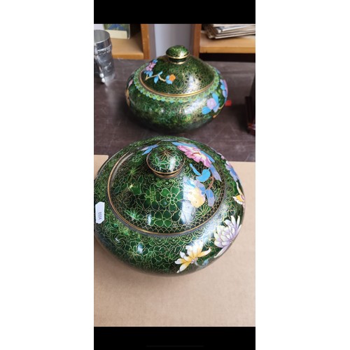 618 - Star Lot : A fabulous pair of large  fabulous antique Cloissone lidded jars, Beautiful colour with f... 