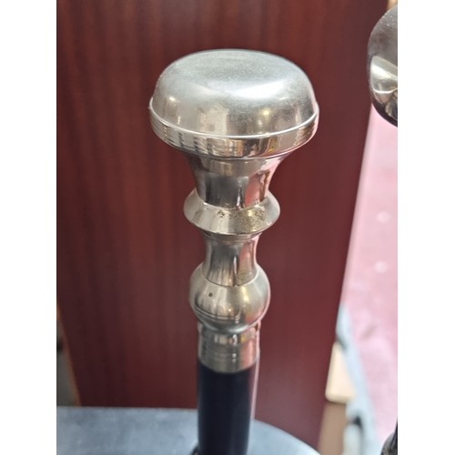 264 - Star Lot ; A nice quality walking stick stand with eight walking sticks within, each with silver ton... 