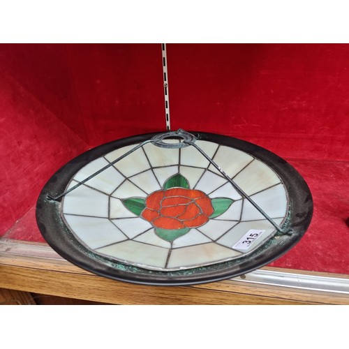 315 - A pretty Tiffany style dome ceiling light shade with a rose motif to centre in a red, green and crea... 