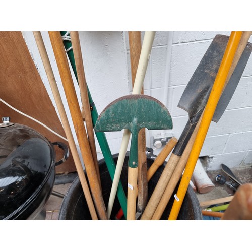 349 - Three large good quality buckets containing 11 garden tools including yard brushes, a pitch fork, sh... 