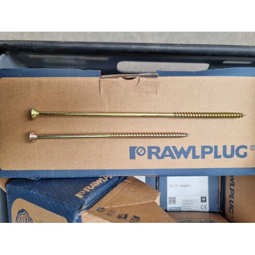 366 - A crate containing fourteen boxes of Prawlplug high performance screws. 150mm long and 100 screws in... 