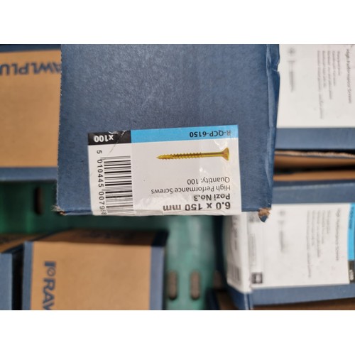 367 - A crate containing seven boxes of Prawlplug high performance screws. 150mm long and 100 screws in ea... 