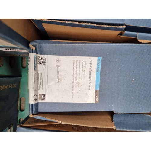 367 - A crate containing seven boxes of Prawlplug high performance screws. 150mm long and 100 screws in ea... 