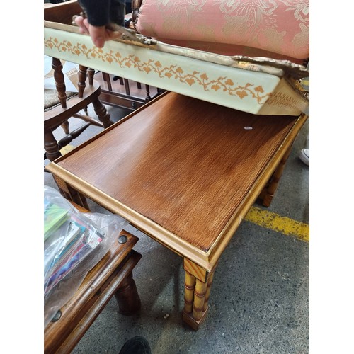 453 - Star lot : A fabulous very heavy coffee table tray with bamboo effect legs and frame, holding a larg... 