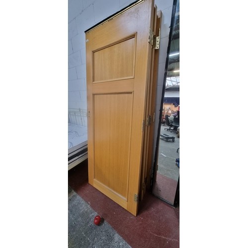 941 - A set of six wooden doors with Exitex draught excluder seals. Each with recessed panelling and brass... 