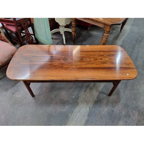 458 - Star Lot : A fabulous polished walnut, 1960s mid century Norwegian  coffee table with smooth curved ... 