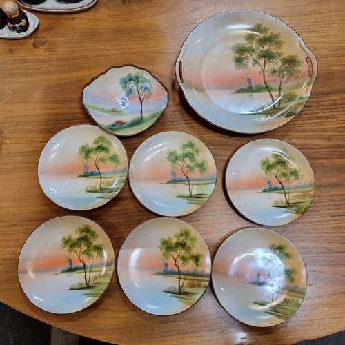 935 - Seven pieces of antique Japanese porcelain ware with a sunset landscape motif to top. Marked ''Handp... 