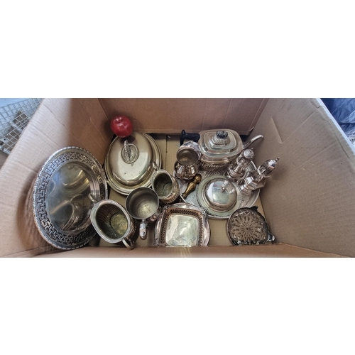 903 - A fabulous collection of fourteen silver plated serving ware; including teapot, trays, oversized sal... 