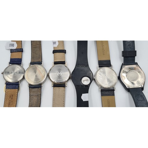 20 - A collection of six modern wrist watches, of light weight metal and features an array of stylish des... 